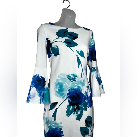 Calvin Klein floral bell-sleeve sheath dress white blue floral pattern - Picture 11 of 12